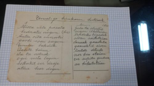 'Teruelgo borrokaren bertsoak' dokumentua, Eako Larrinagatarren ganbaran aurkitutakoa.