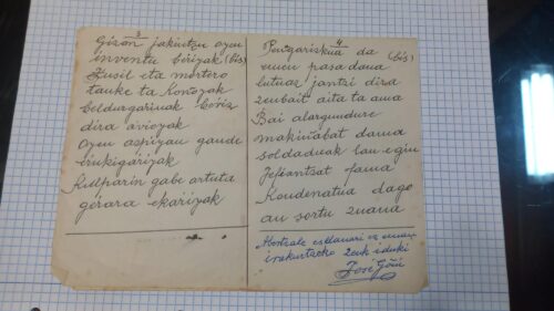 'Teruelgo borrokaren bertsoak' dokumentua, Eako Larrinagatarren ganbaran aurkitutakoa.